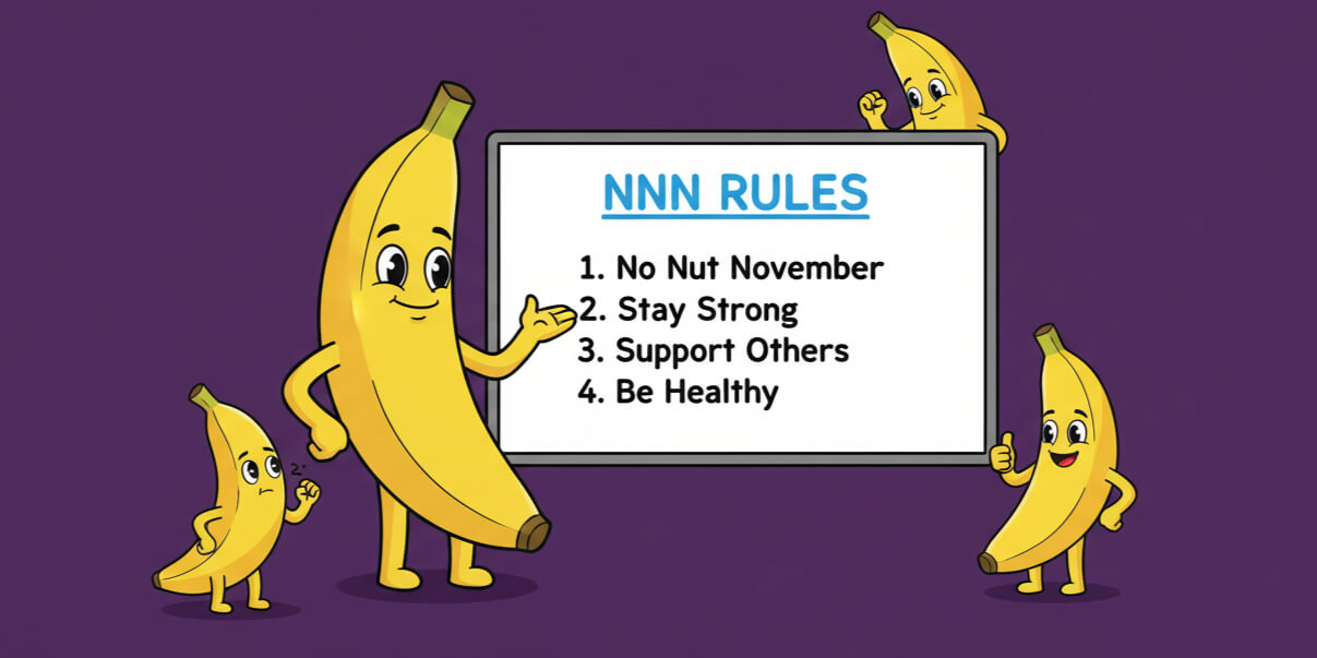 Friendly cartoon banana explaining clear, simple rules for No Nut November on a whiteboard to other understanding bananas.